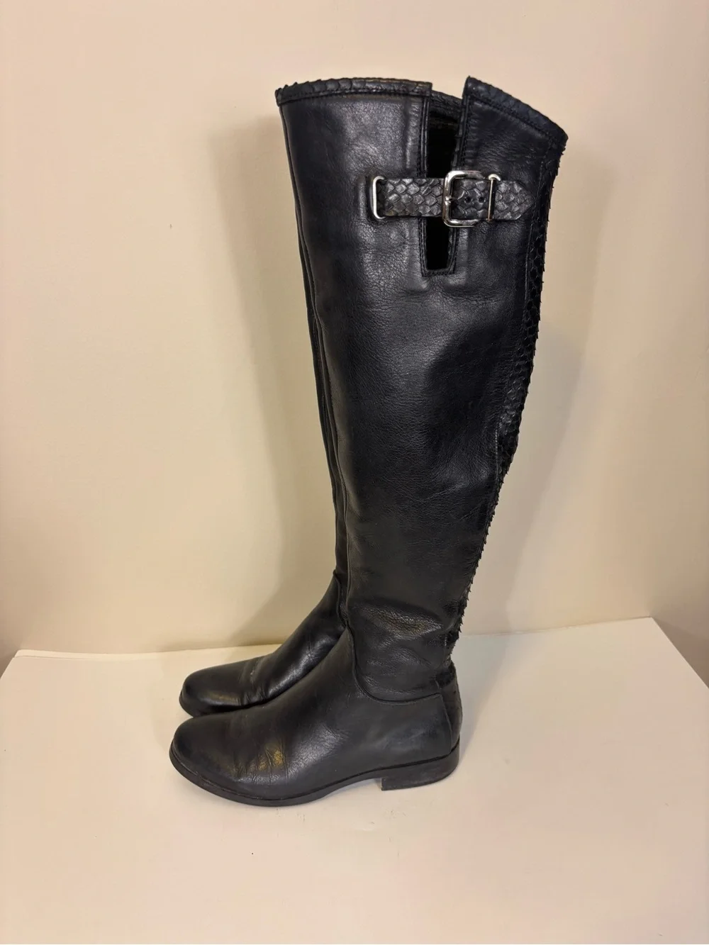 Ron White Women's Over-the-Knee Black Leather Riding Boots with Snakeskin Back 7